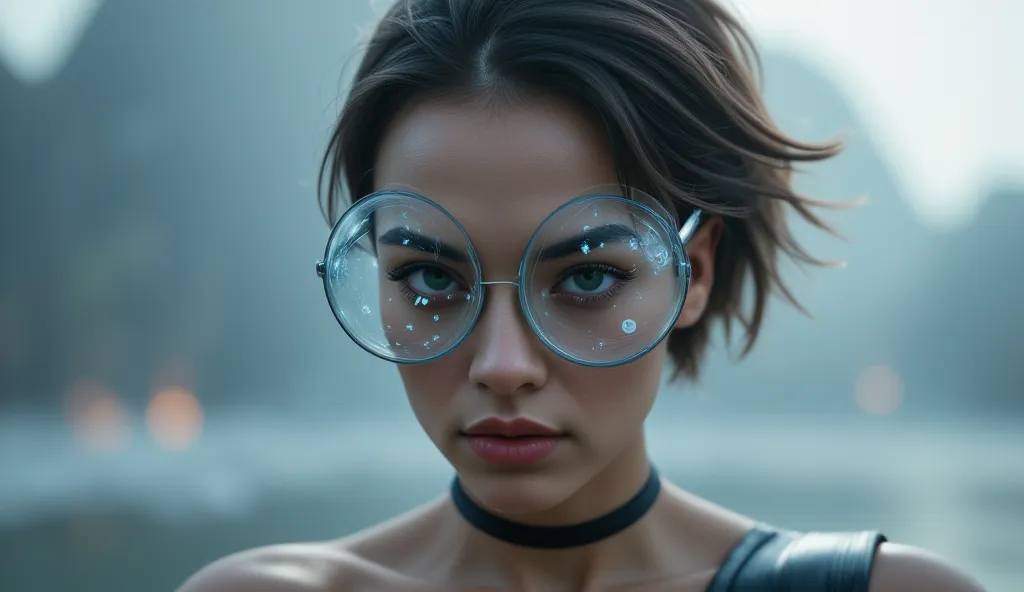 The model is wearing glass sunglasses with stars and the moon on the glass. Big Tits