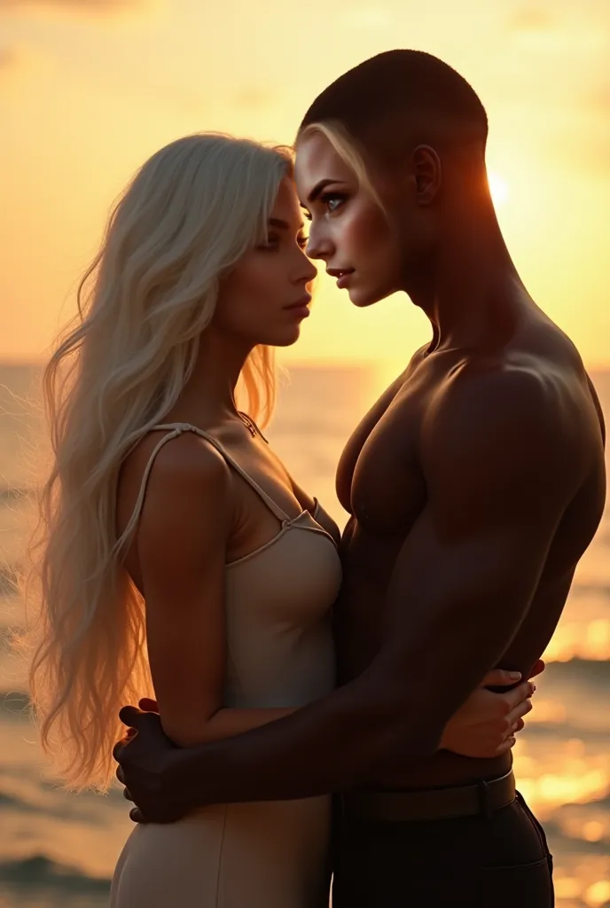 Beautiful Instagram model with long white hair and green eyes, standing close to her tall Black boyfriend in front of the ocean, holding hands. Photographed from behind, only backs and hands visible, no faces. Soft sunset lighting, romantic cinematic scene...