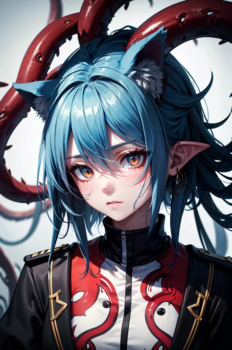  Hair，wolf cut，The whole body is full of stitches，has no light in his eyes，Thick tentacles grow from both ears。 eye color is red。The color of the tentacles is blue ，I'm wearing a black military uniform。
