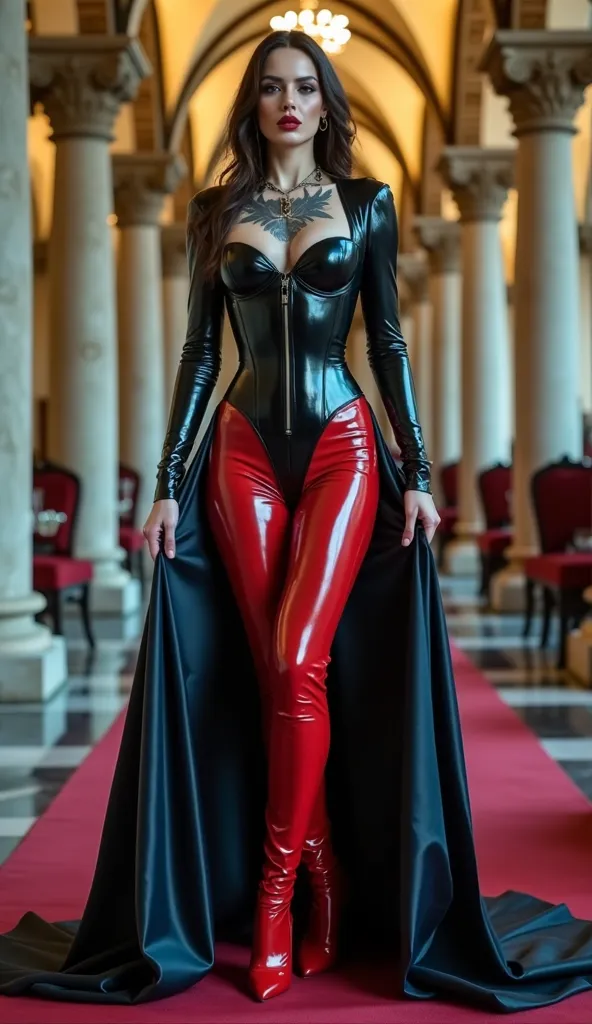 angelina jolie, latex,  en action de prier à genoux par terre, nonne latex brilliant, long robe de nonne en latex bleu marine et rouge marron, cornette latex noir latex et marron rouge latex, corset latex marron rouge, stilettos vinyl rouge sang, levres bo...