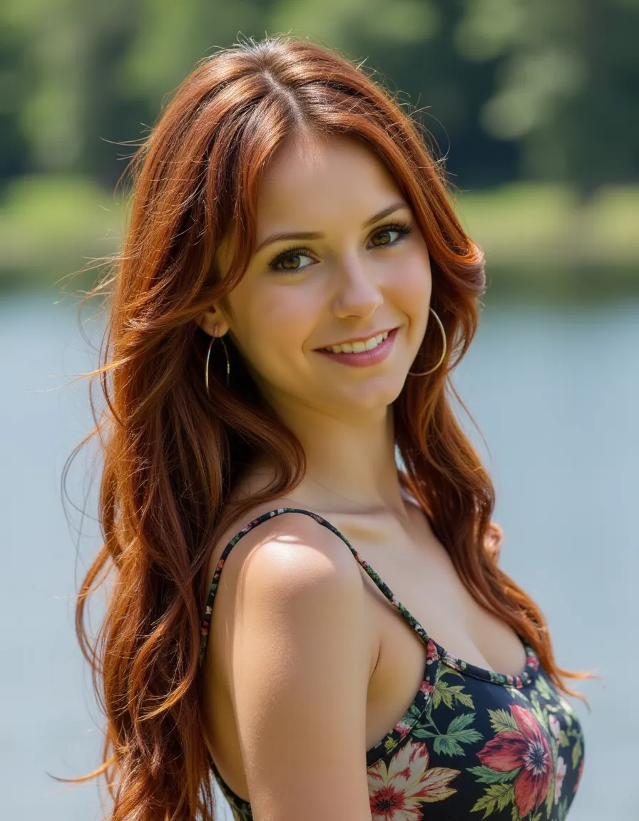 beautiful detailed photograph, ,cute, youthful, stylish colourful summer outdoor trekking wear,  standing in a scottish highland lake, sunny weather outdoor,  cute half smile, medium long red hair, ponytail, (((large hoop earrings))),, relaxed face express...