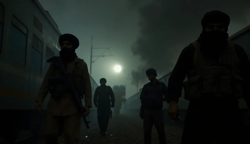 Scene 3: BLA Takes Control (Nightfall)

Silhouettes of militants moving through the smoke, their faces partially covered with Balochi scarves (shumaghs).

Close-up of the BLA leader, wearing a black turban, bullet belts across his chest, holding an AK-47 i...