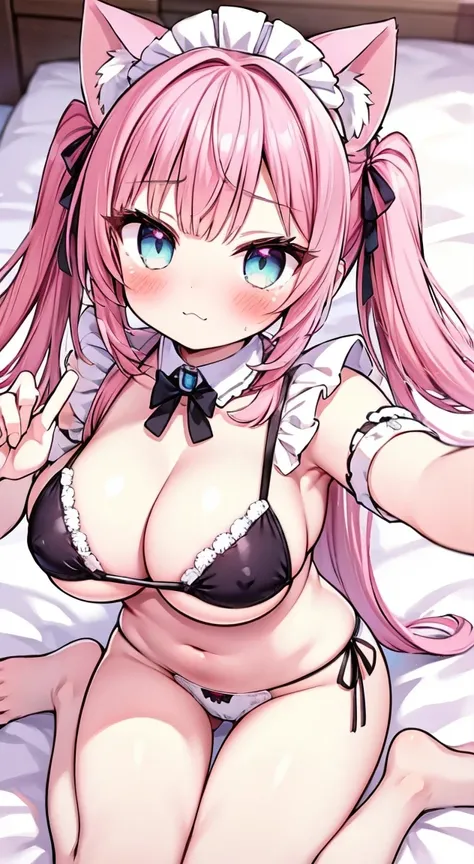 blush, full-face blush,(maid lace micro bikini1.3),selfie,wariza on bed,pink twintailshair,cat ear,Cute eyes,side tie panties,Large Breasts,Perfect hands, perfect fingers,Perfect legs,girl room,focus on cleavage,lace highQuality,cute eyes,from above,lookin...