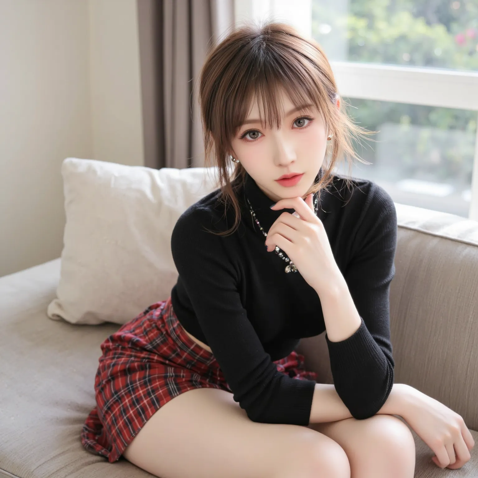 woman wearing black turtleneck sweater，Red checkered mini skirt、Elegant, beautiful expression 、Delicate features、Graceful posture、indoor scene illuminated by natural light、A quiet room with spring sunlight、Bokeh Background、Delicate Skin Texture、Feminine So...