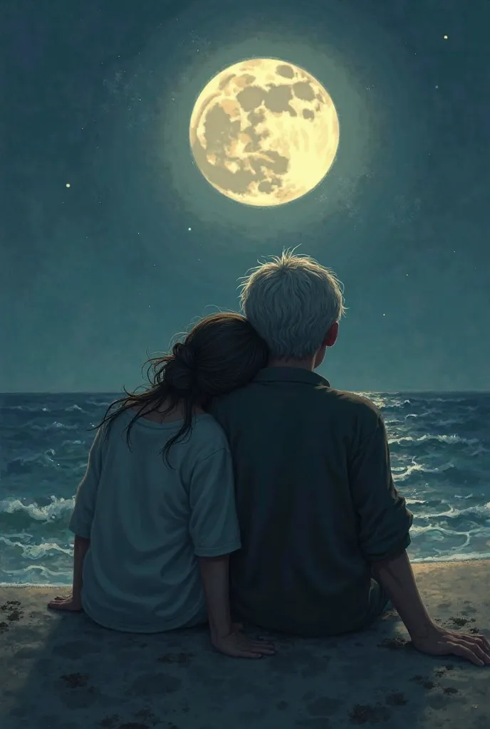 Already age, their facing the moon. Sitting at the sand, girls head was leaning at the boy's shoulder. With a title of Echoes of Yesterday and at the bottom part By: Pandatwists 