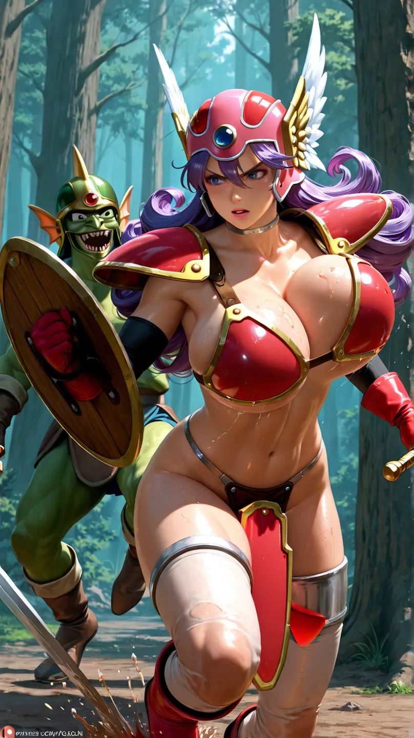 アニメ調の顔。 realistic, oil painting, 3D, {{soldier (dq3), dragon quest iii}}, purple hair, glossy skin, athlete, ((slender)), at dark cave, ((huge breasts)), bouncing breasts, holding sword, equip shield, dragging 3 coffins, 1 girl and 4 monsters, fighting, go...