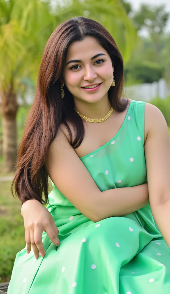 A malayali house wife, in green satin sleeveless frock and white dotted spots in frock , ethnic saree fashion photo shoot, long hair in front , wearing beautiful earring and gold chain in neck, sitting pose in chair, looking at camera, garden as back groun...