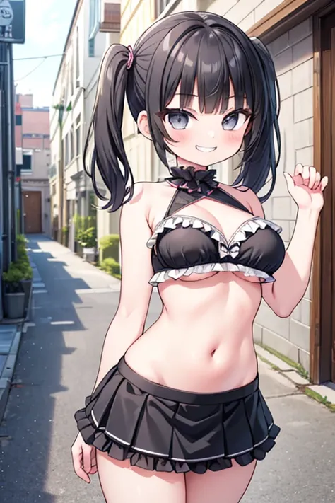 (8K、Highest quality、highest quality、masterpiece)、Detailed face、One girl、 Black Hair、short hair、twintails、blunt bangs、Grey Eyes、evil smile、((Grin))、loli face,large breasts、((tubetop bra))、((frill mini skirt))、Cowboy Sho、Back Alley Background、Very large brea...