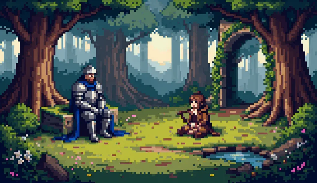 Main Subject:
A pixel-art medieval knight in weathered, silver plate armor sits on a moss-covered stone bench, his posture relaxed but vigilant. His helmet rests beside him, revealing a pixelated yet expressive face with a short beard and a faint scar acro...