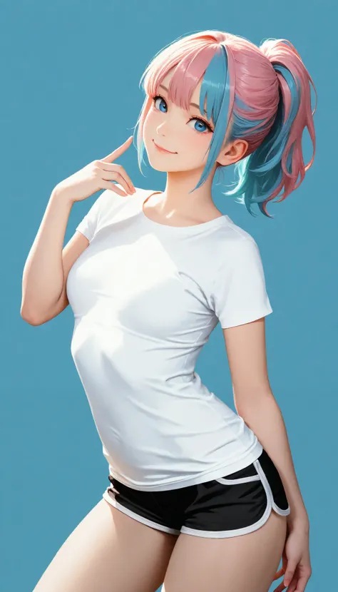 ,smile,ponytail dyed hair,stand up,black shorts,white shirt,sexy legs,perfect body, very small breasts,Soft light, High Precision, best quality,upper body,blue plain background ,blue background