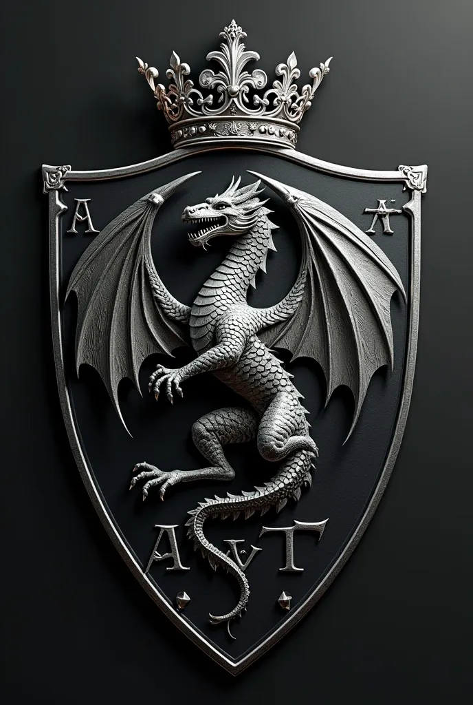 A black soccer shield with white outline with a dragon in the middle and written AWT and a crown on top 