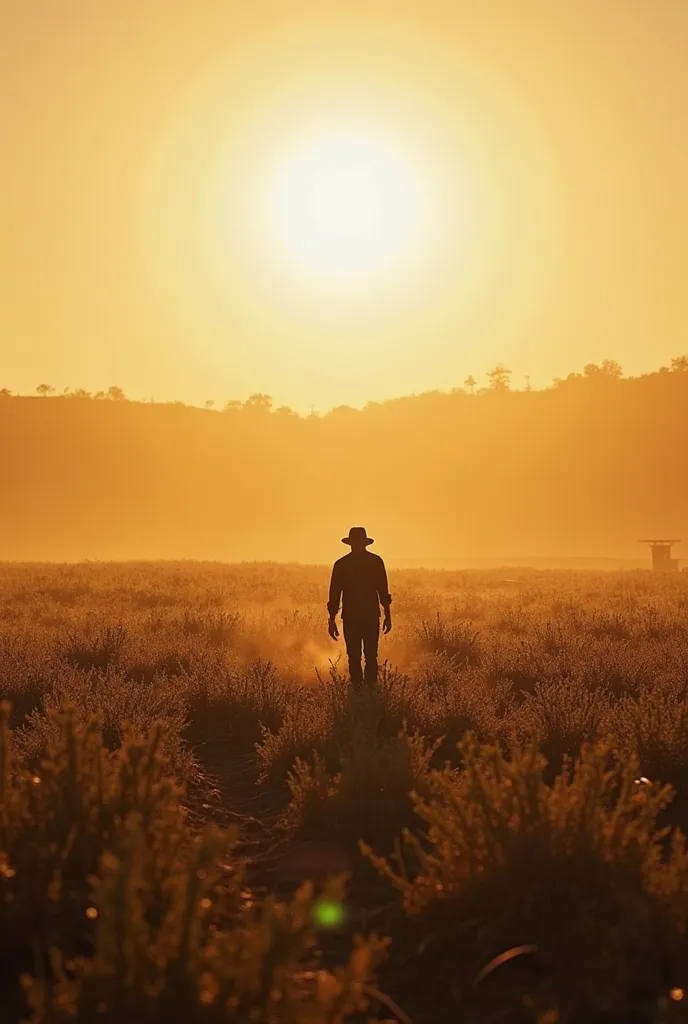  *Wide-angle shot* (to capture the expansive land and the lone man working in it)

- The *man* is in the middle of the frame, silhouetted by the harsh sunlight. His *figure is small* compared to the vastness of the land.

