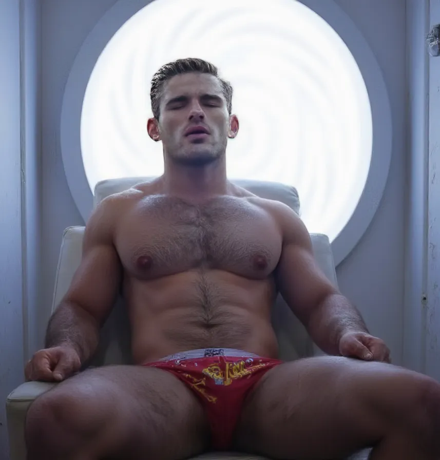 photograph image, Hd quality,glossy colour image, sitting in a chair inside a pressure chamber room, 25 year old male, attractive,well defined abs, classic slickback blonde hairstyle, sweat glistening all over him, latex splattered over his bulging boxer s...