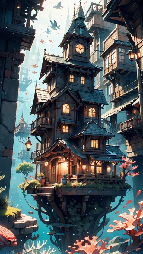 color ( fantasy: 1.2), ( Miyazaki Hayao Style), ( Irregular Buildings Floating Underwater ), Patchwork Cottage, Moss decoration, Coral,  light on the side, Conceptual Art Inspired by Andreas Rocha,  Art Station Contest Winners ,   fantasy art , (  Underwat...