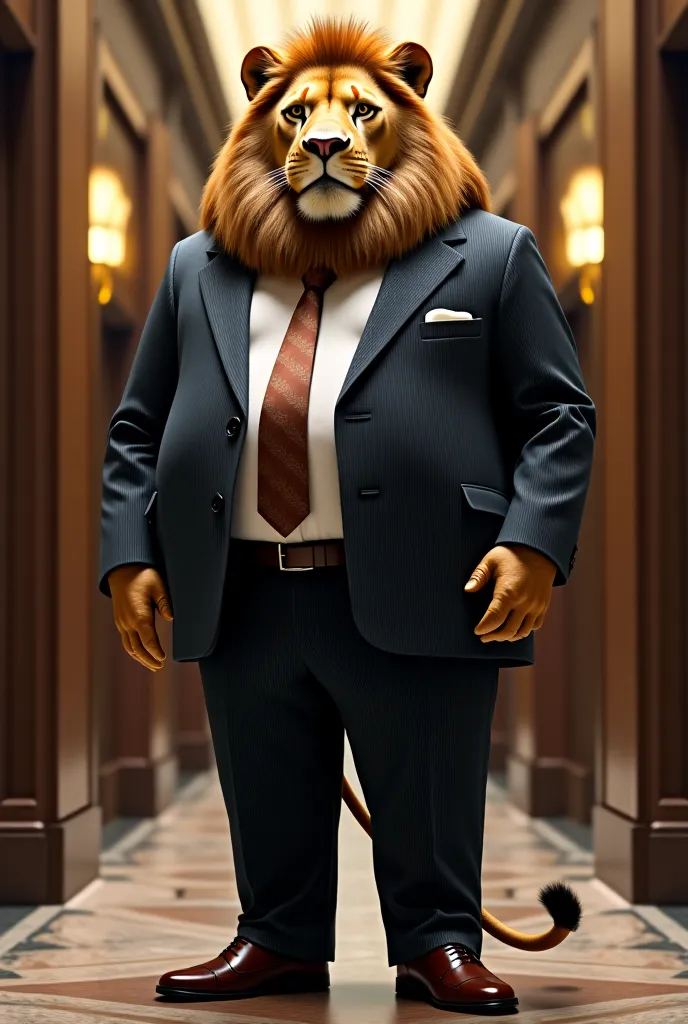 Crime a photo of a lion dressed in dress clothes,This lion has a big belly.

