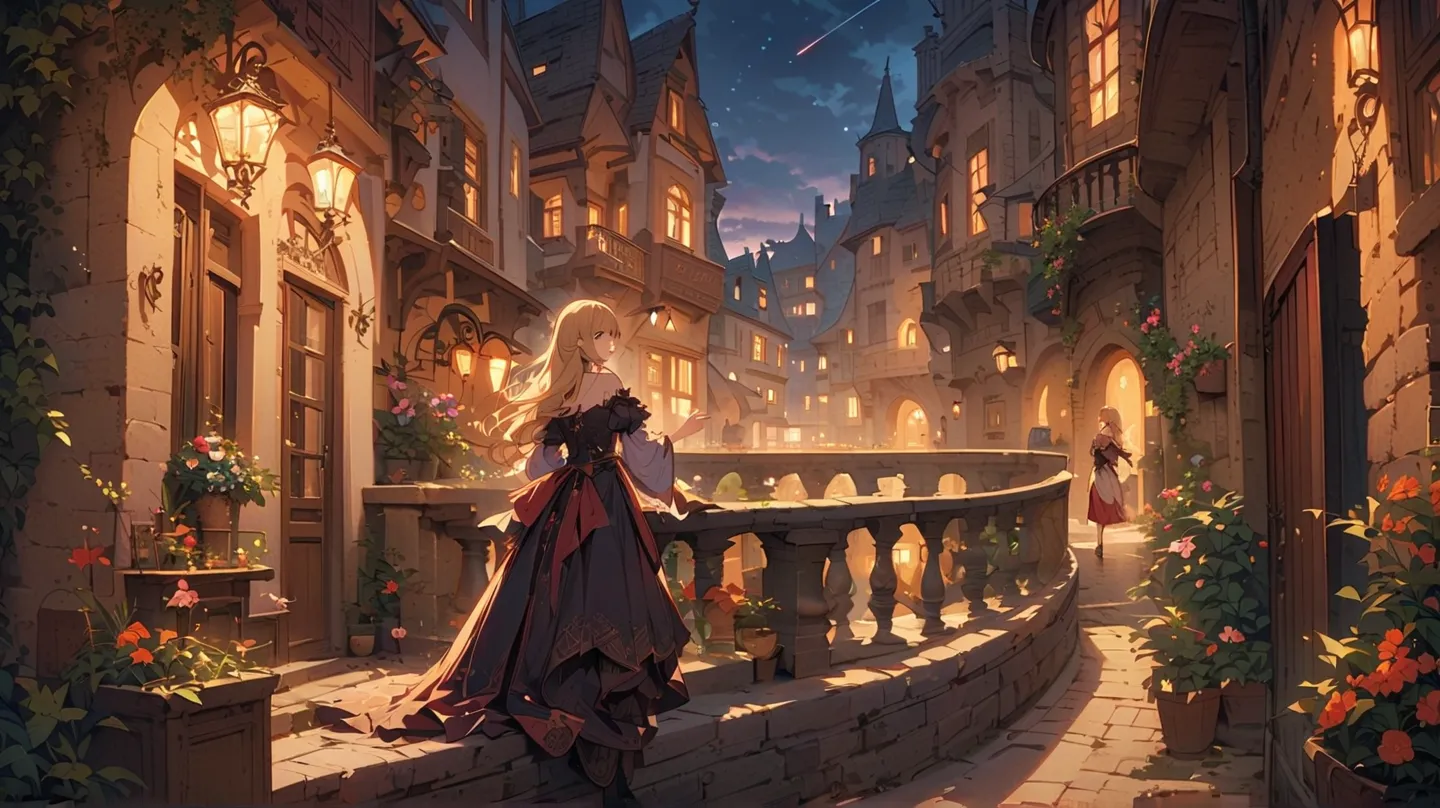 fantasy。Smiling girl with light in her magic wand。The magic of light。The streets of medieval Paris。 shooting star。city。blond haired girl。Watching the city from the balcony