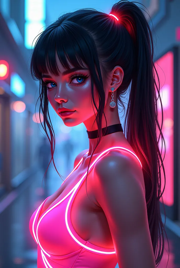 a woman with a neon light up dress and a ponytail, rossdraws cartoon vibrant, rossdraws 2. 0, rossdraws digital painting, rossdraws 1. 0, :: rossdraws, inspired by rossdraws, rossdraws portrait, alena aenami and artgerm, cyberpunk vibe, dreamy cyberpunk gi...