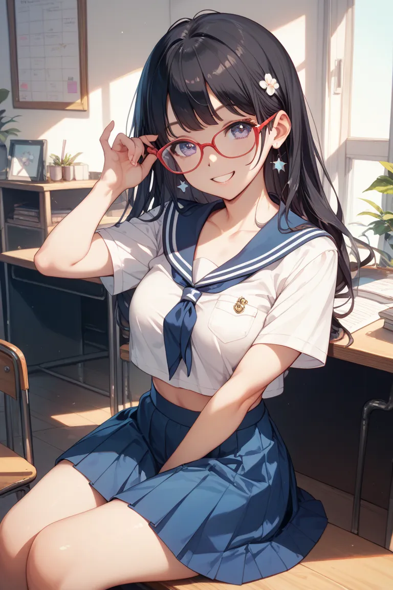 Health teacher。Normal breast size。long black hair。wears glasses。is smiling。I'm wearing a sailor suit with a wide open chest。 skirts are short。