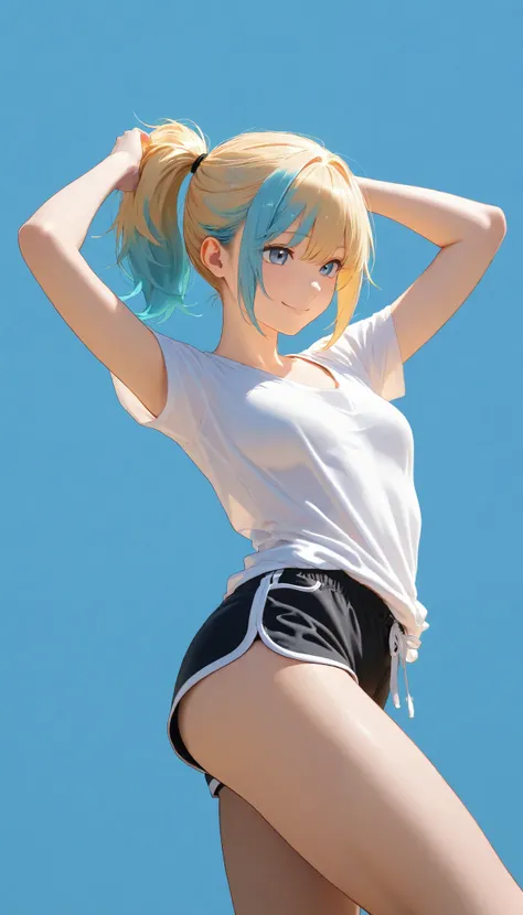 ,smile,ponytail dyed hair,stand up,black shorts,white shirt,sexy legs,perfect body, very small breasts,Soft light, High Precision, best quality,upper body,blue plain background ,blue background