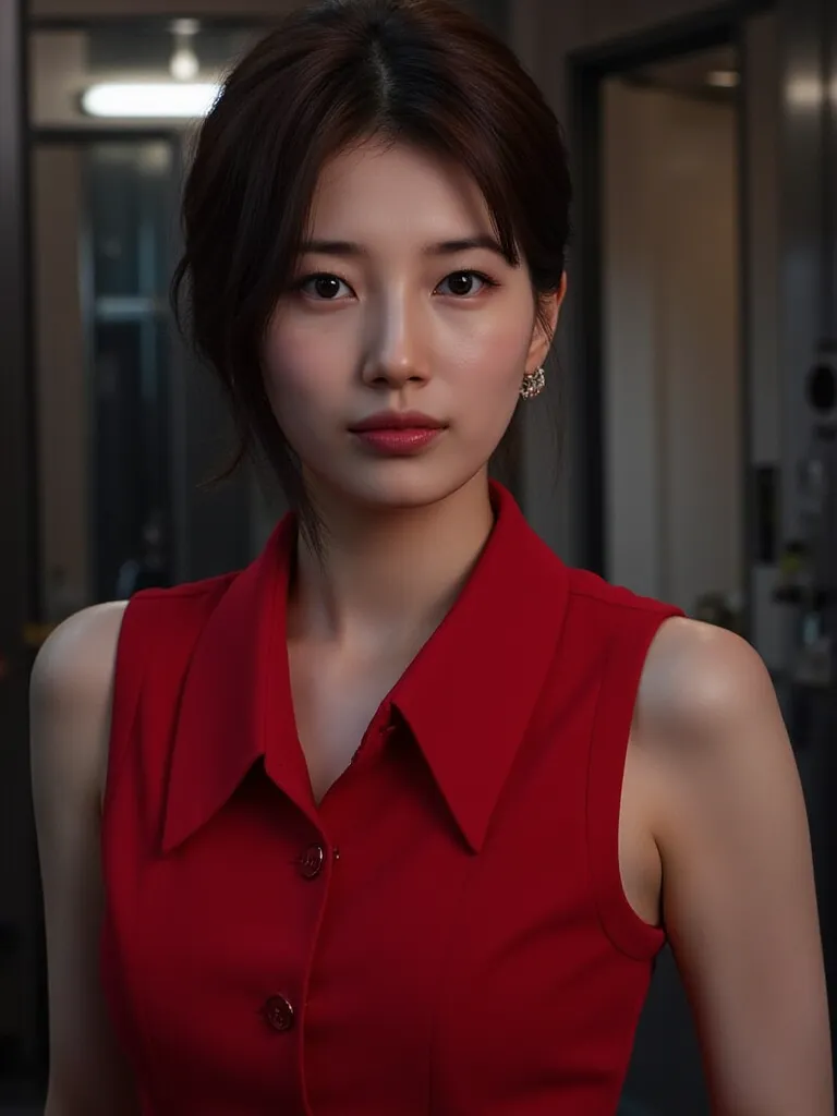 a woman, (ombre short hair:1.2), (wearing red AdaWongRE2 shirt no sleeve), (upper body:1.2), (bride makeup), (at the bunker), (realistic), (high quality), (bokeh)