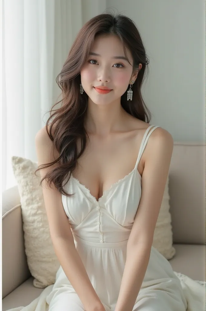 
(super realistic), (shape), (high resolution), (8k), (in white for summer very detailed), (Best shape), (Big beautiful double eyelids), (top quality), (in white for summer very detailedな), (masterpiece), (wallpaper), (detailed face),  Sitting on the Livin...