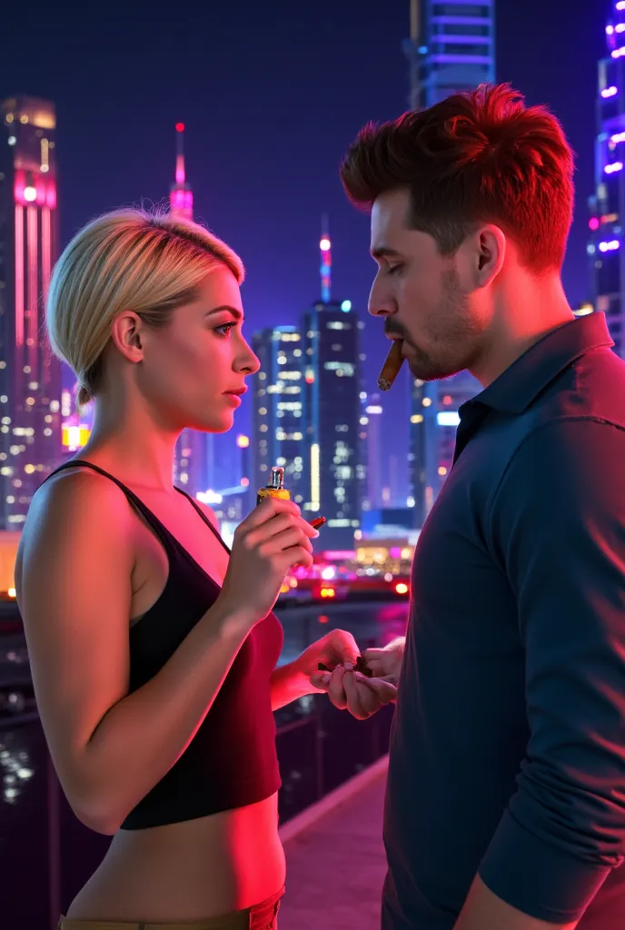 A caucasian woman , 30 years old, with blonde short hair holding a lighter and a caucasian man , 30 years old, with brown hair smoking a cigar in a night dubai 