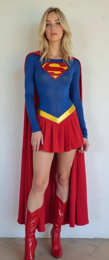 20代のcute日本人女性の全身画像 、  charming blue eyes 　crispy medium blond hair  =TOP SUPERGIRL COSTUME,     long-sleeved blue leotard that reaches the shoulders  、   red pleated skirt  、Yellow Supergirl Belt     ,     red high heels supergirl boots   ,  cute   , bigge...