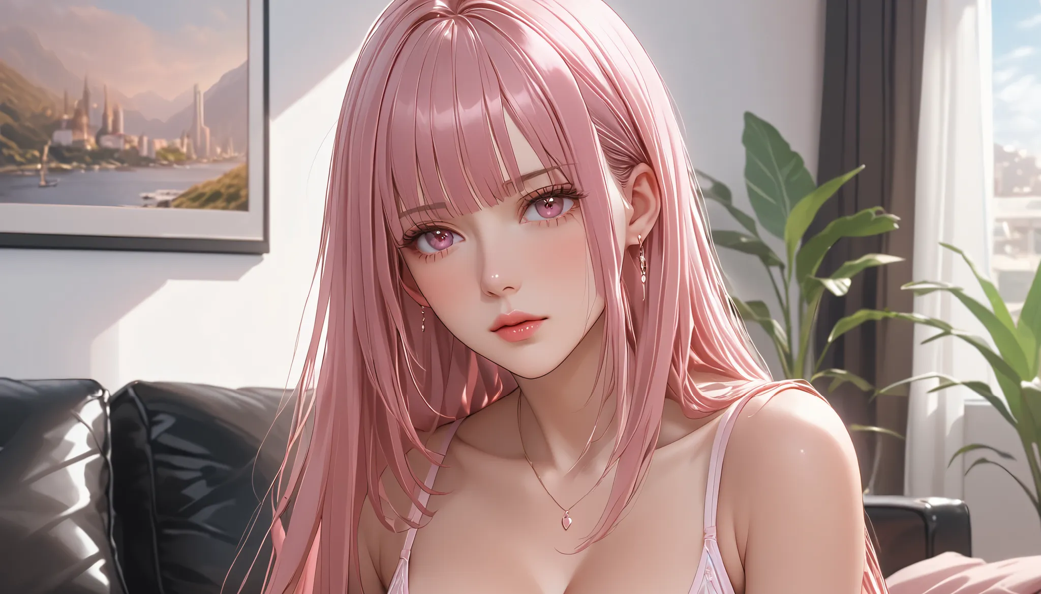 1 woman, semi realistic, Masterpiece, Master work, perfect, mature body, big size breast, straight half body long hair, soft pink colored hair with bangs, pink eyes, worry about you, wearing clothes, in the livingroom, parted lips, high res, ultrasharp, (m...