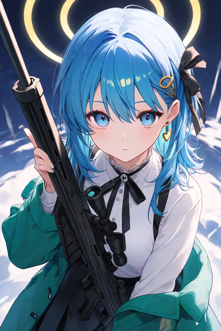 pretty girl、cool、I'm wearing a white shirt and a black skirt、I'm wearing a black ribbon、Blue Hair、expressionless、cool、I'm wearing a blue-green coat、I have a big weapon、 hair is long、earrings on my hair、I have pins on my hair、battle、I have a sniper rifle、ar...