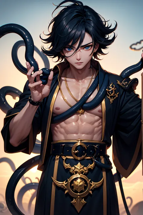 handsome。 boy。test subject。Manipulate tentacles。eyes are golden。The color of the tentacles is navy blue。The suction cup is golden。Black Robe。belt。