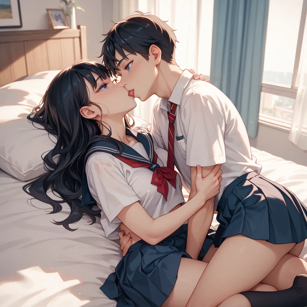 black hair, blue eyes, school uniform,brother and sister,kiss,on  bed,