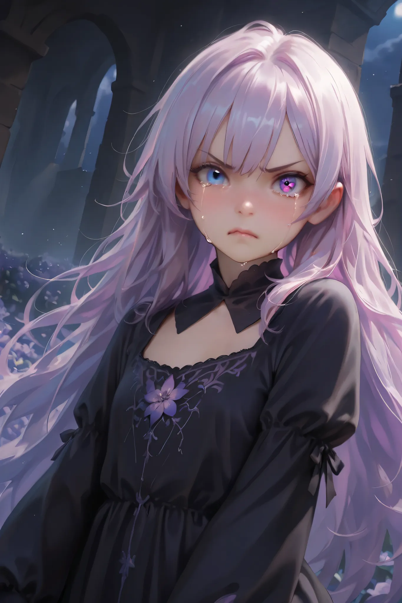 (masterpiece), (best_quality), (Detailed_Eyes), (semi_realistic), (girl), (fantasy), (8k), very long purple hair, (two_color_eye: 1.2), white left eye, purple right eye, cute, small, sister, black blouse dress with purple secondary color,  night medieval f...