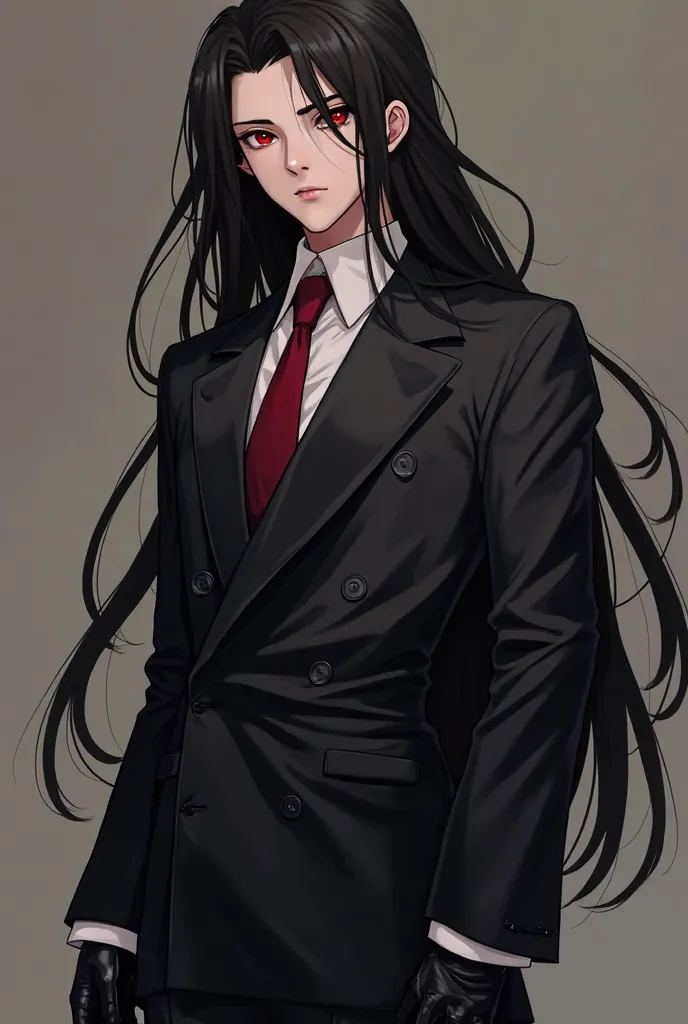  Anime Tween boy with stoic frown and Glowing Red Eyes, With VERY Long Flowing Black Hair wearing a Baggy Long Sleeved Double Breasted Black Suit and Dark Red Tie with White Dress Shirt. Wearing Long Black Leather gloves With both hands formally at his sid...