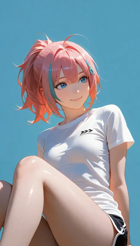 ,smile,ponytail dyed hair,stand up,black shorts,white shirt,sexy legs,perfect body, very small breasts,Soft light, High Precision, best quality,upper body,blue plain background ,blue background