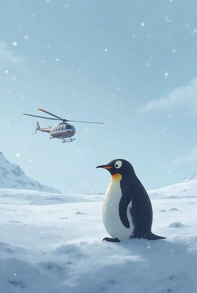 In the distance, the hum of a helicopter grows louder. young penguin Pippin, still struggling, perks up at the sound. A large helicopter appears on the horizon, its blades cutting through the chilly air. The helicopter is bright, a contrast against the sta...