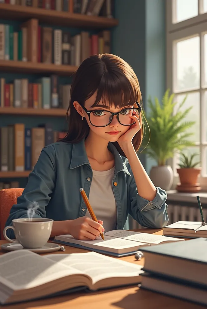 WOMAN WITH GLASSES STUDYING FOR THE EXAM