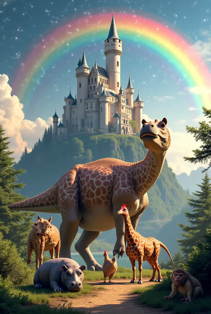 A dinosaur infront of a castle in a magical place with a giraffe, hippo, chicken and monkey with a rainbow going over the castle and sparkles in the air