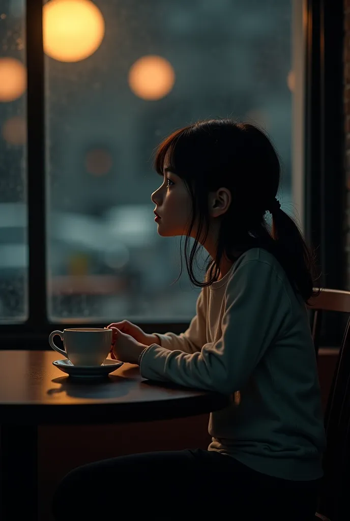 A young girl looks depressively out the coffee shop window in the dark 