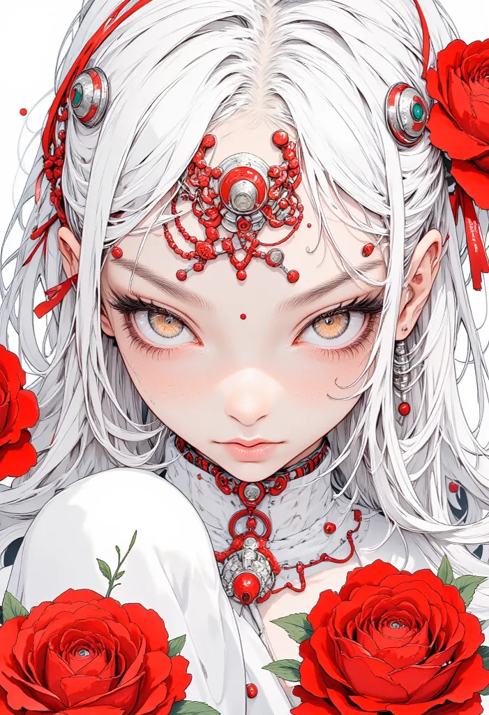  Abstract Art ：1.2，fractal art，Psychedelic Art，white theme，1 Girl，hair accessories，Simple Appearance，Red Accent，masterpiece，Highest Quality ，ultra high resolution，Award-Winning Art ，Very detailed，beauty， lots of flowers 