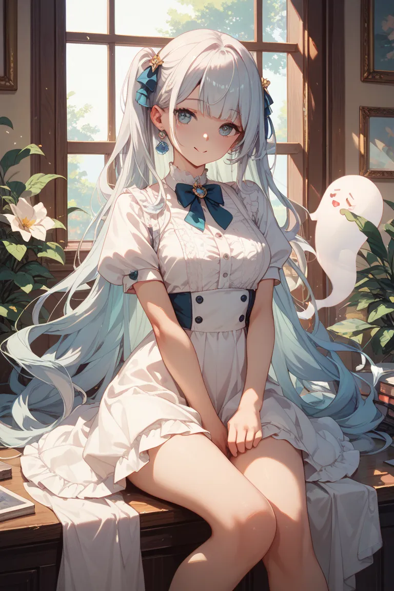 cute ghost beautiful girl（For middle and high school students, the ）（Clothes and skin are white）、Clothes are dresses、her hair is neither long nor short、the girl is grown up。No legs、Please be realistic even though it looks like an anime illustration