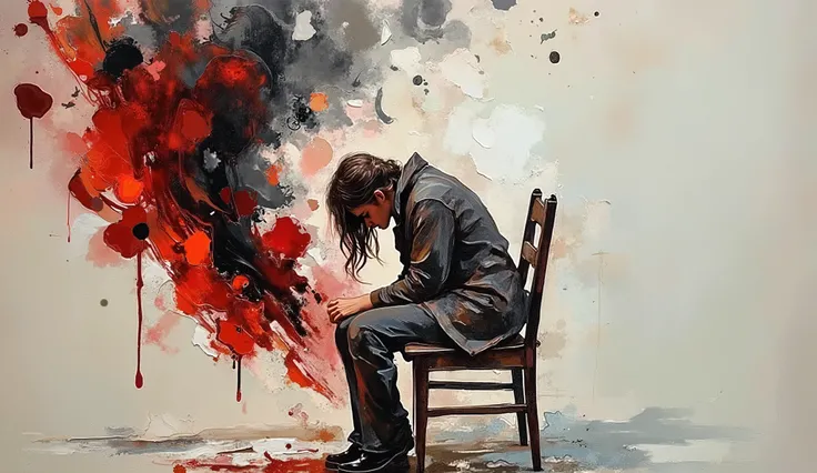 an illustration of a woman sitting hunched forward on a chair against a neutral backdrop, inspired by James Jean, with ominous dark red, gray and black smoke swirling around them, ink splashes dripping from above representing external burdens, person's pos...