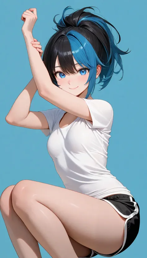 ,smile,ponytail dyed hair,stand up,black shorts,white shirt,sexy legs,perfect body, very small breasts,Soft light, High Precision, best quality,upper body,blue plain background ,blue background