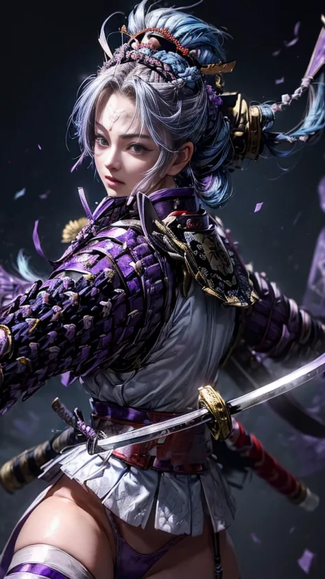 young woman,Oiran,warrior,(wielding a huge_weapon:1.3), in white for summer very detailedな, realist,(running:1.6),(combat posture:1.8), Brilliant Appearance ,extremely detailed, Imaginative,sensual ,top quality,  skin texture,(French braid hair:1.6),(Indig...