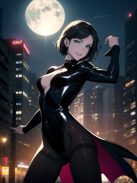 (One Person), (Masterpiece, Best Quality), (A Gorgeous 25 Years Old British Female Vampire Mercenary), (Wavy Bob Cut Black Hair), (Pale Skin with Hidden Fangs), (Sapphire Blue Eyes), (Wearing an elegant leotard, coat and pantyhose), (City Road at Night wit...