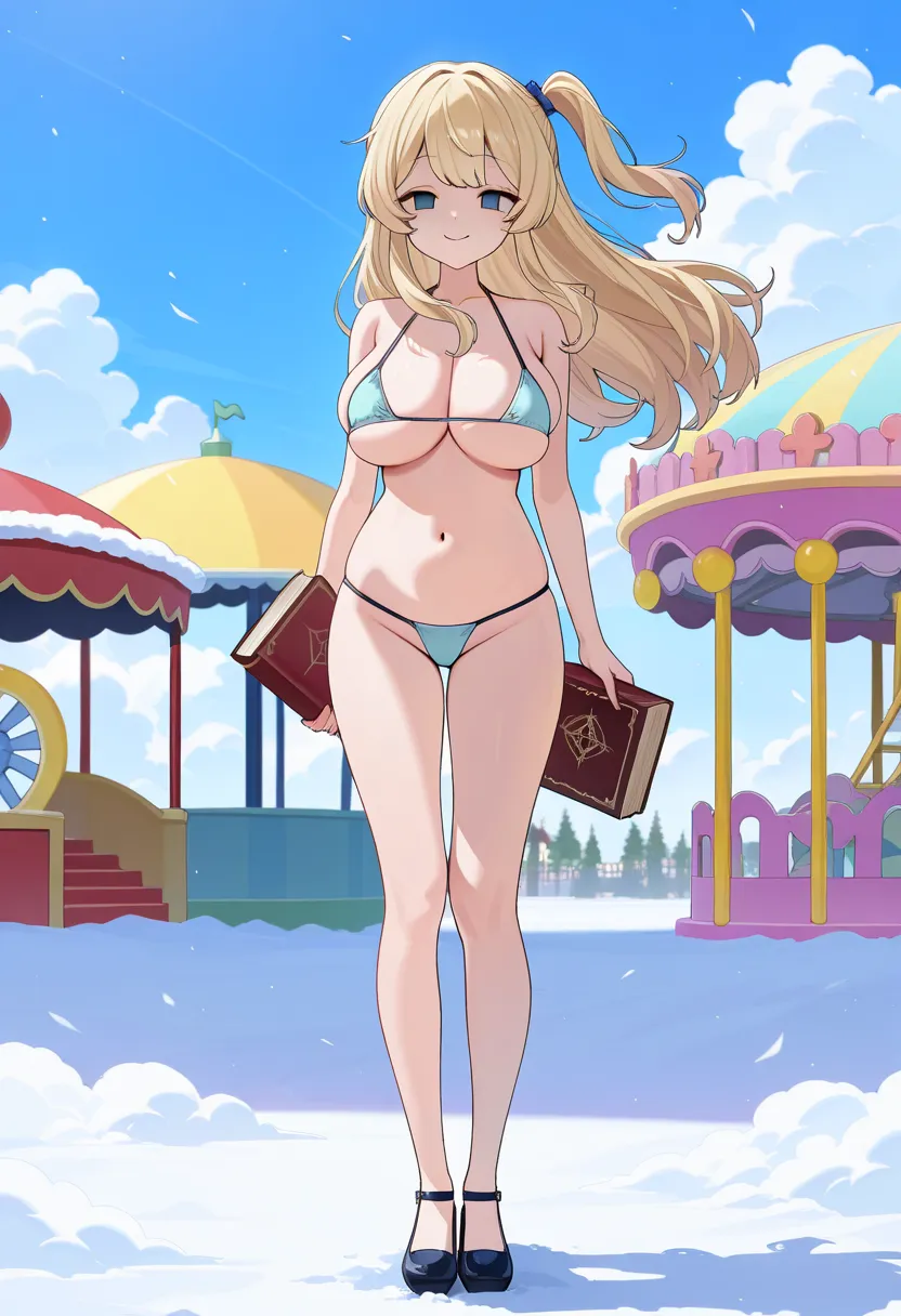 (A girl holding a forbidden book:1.5),  waiting for someone ,wind,  Heavy snowfall area and girl, large breasts,  aoyamakanon, (koikatsu!) blonde hair, long hair, one side up, aqua eyes., , empty eyes, MICRO Bikini, large cloud, solo, full body, smile,　amu...