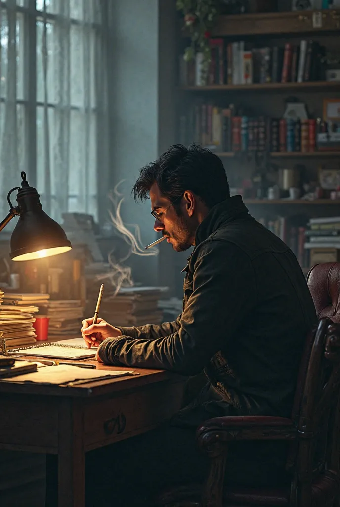 A picture of a person smoking and writing at his desk 