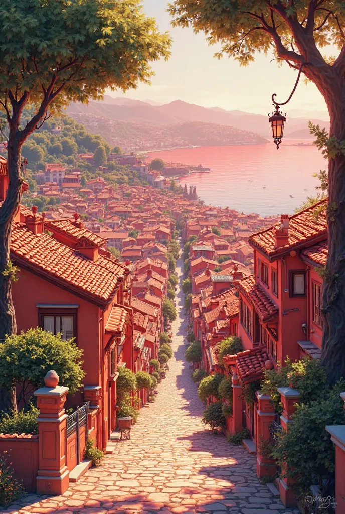 Build a city where the trees, the townhouses are red and next to the red bay. Bright, horizontal daytime scenery.