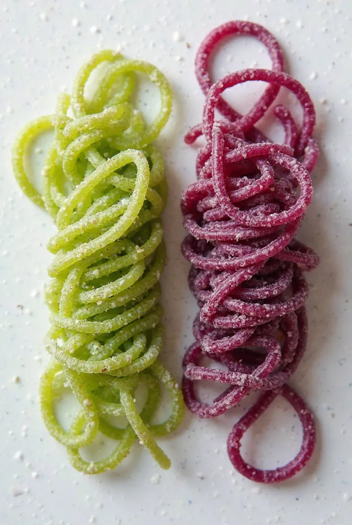 Make an image of two SHORT spaghetti SHAPED LIKE PETALS to eat in two colors, , some purple and the other green, since they are based on pistachio and beetroot. Pastas should be shaped like petals, that are small and beautiful, that attract attention and l...