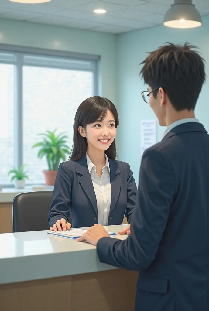 Japanese　Female reception clerk at hospital　smart office uniform、smiling receptionist　Male Outpatient、outpatient counter　real　 photos