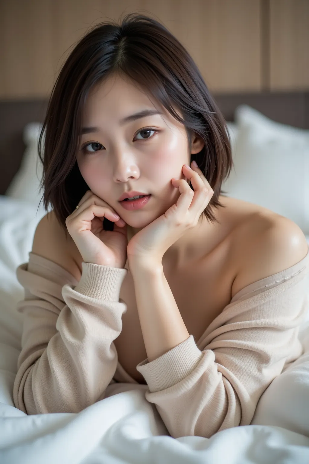 High quality,4K,Super Details,Realism,Professional grade ,bokeh,an Asian female,(lying on the bed),There are pillows around ,20 years old,Open your eyes gently,Messy short hair,cardigan,Revealing beautiful cleavage,((ah-yen)),Flirtatious expression, (( blu...